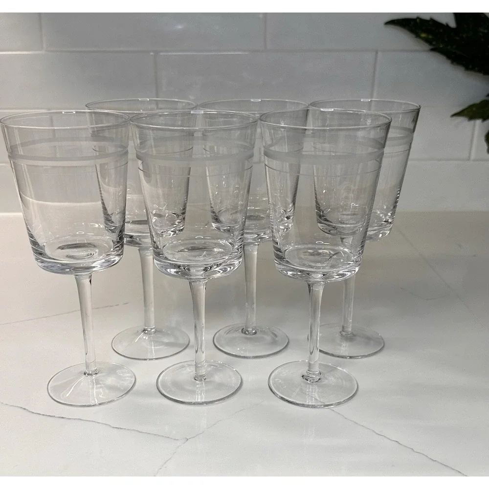 RARE CRYSTAL Pottery Barn Stemmed Wine Glasses ETCHED S/6 (Two Sets Available)